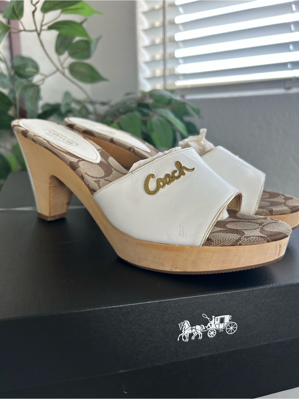 Coach White Leather and Brown Signature Logo Block Heel Mules - Picture 2 of 6
